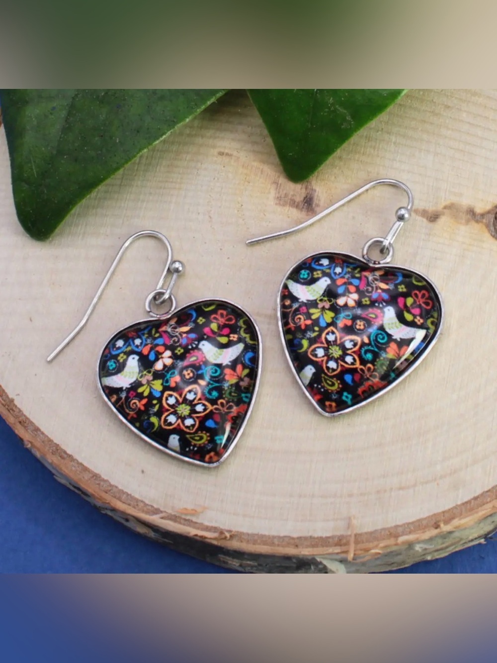 Retro Love Heart-Shaped Dangle Earrings with Colorful Floral & Bird Pattern